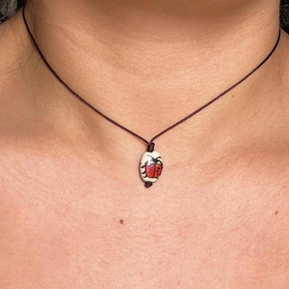 Handmade Porcelain Ladybug Pendant Necklace Boho Adjustable Cord Cottagecore